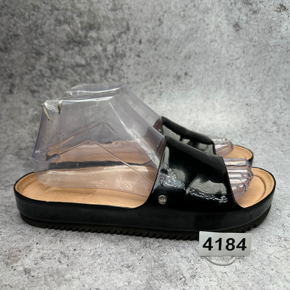 UGG Jane Patent Slide Sandals Womens 7 Black Glossy Leather Flat Open Toe